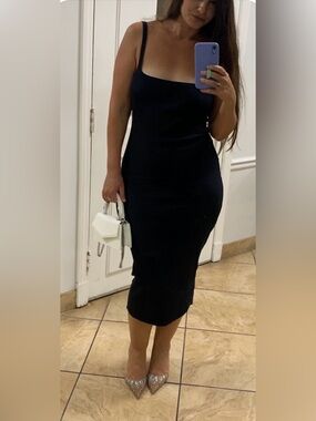 Zara Black Open Back Bodycon Midi Dress Ribbed Knit Large